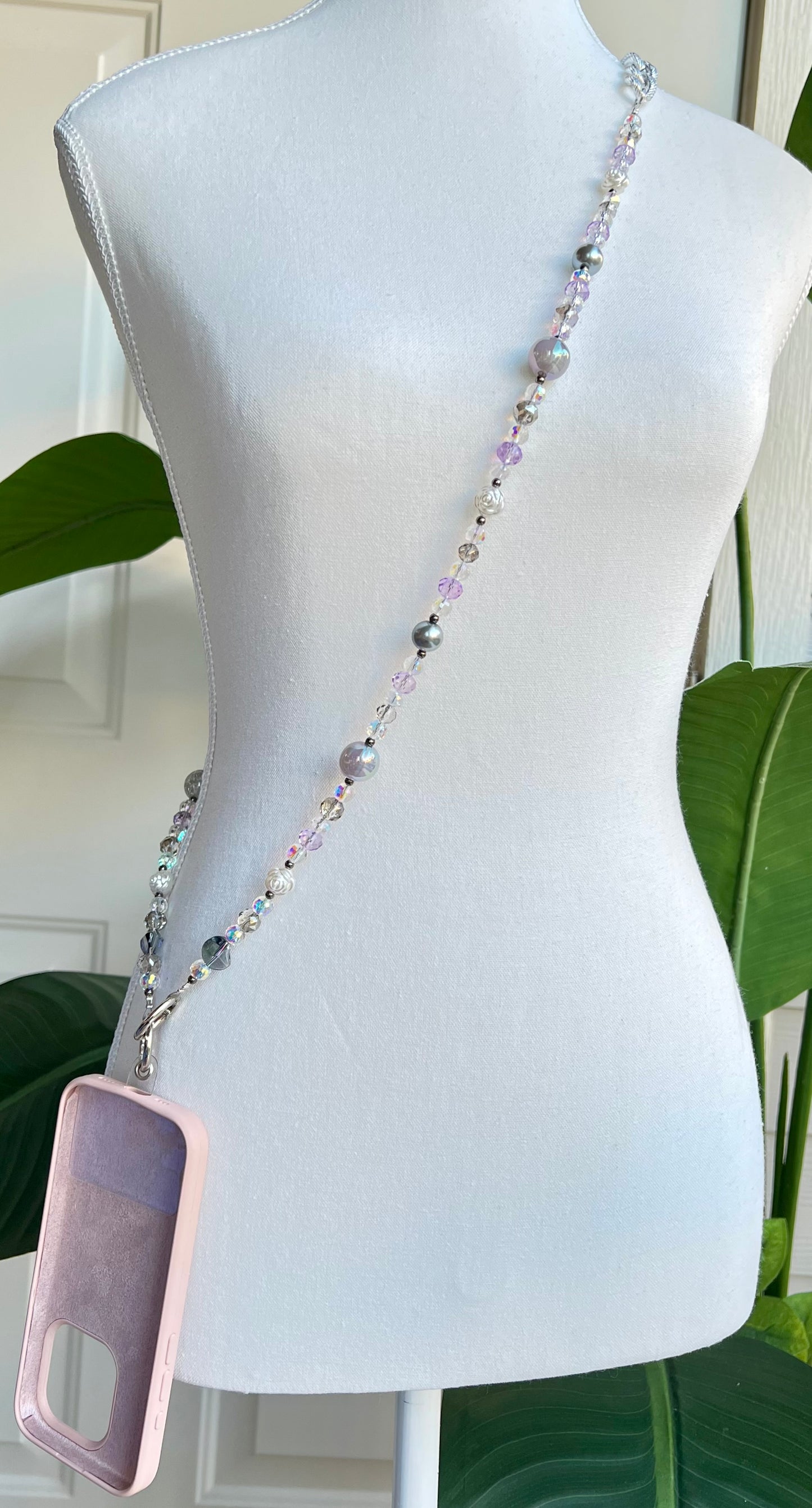 Lavender Beaded Phone Lanyard – Handmade Crossbody with Silver Crystal & Rose Details