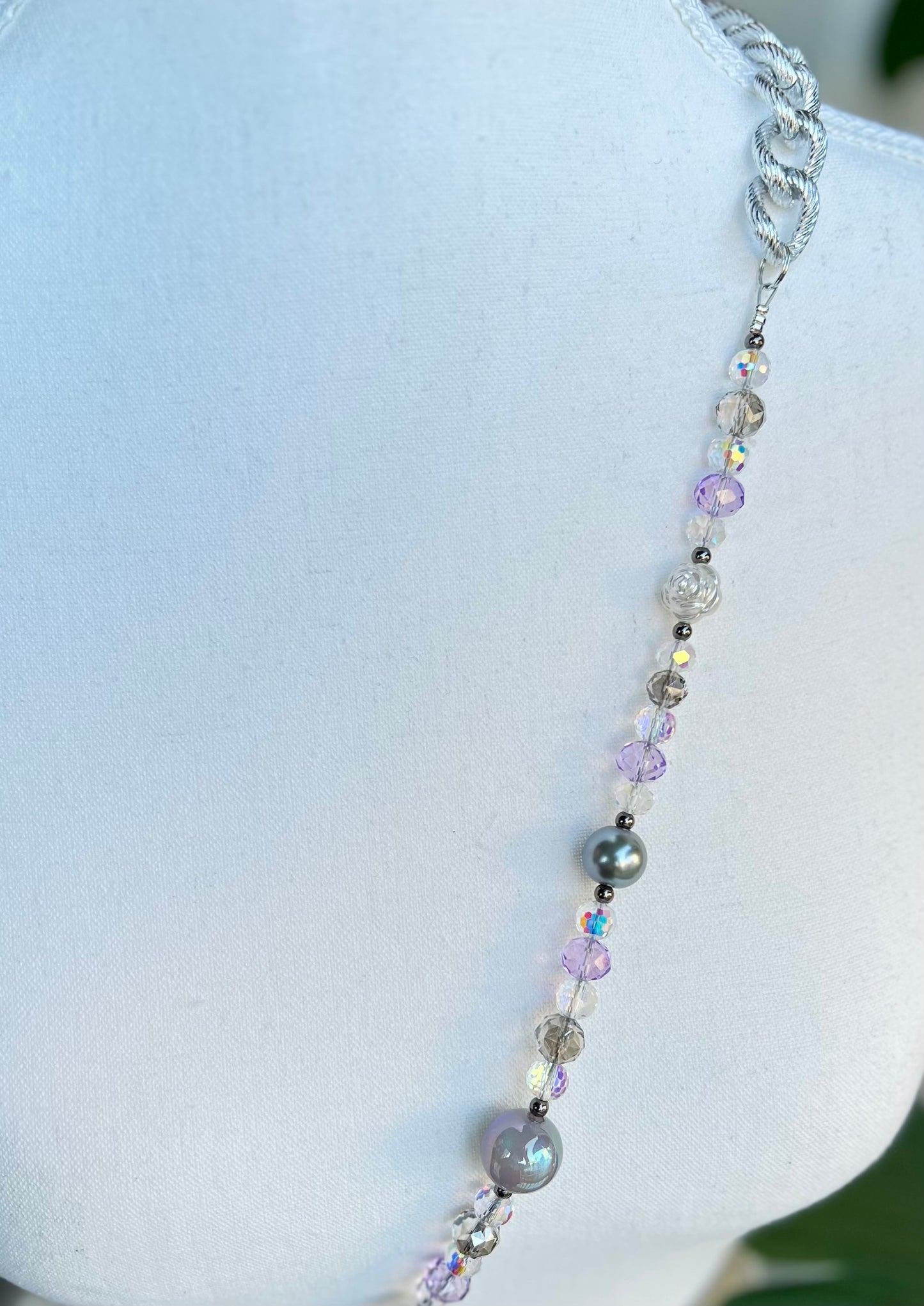 Lavender Beaded Phone Lanyard – Handmade Crossbody with Silver Crystal & Rose Details