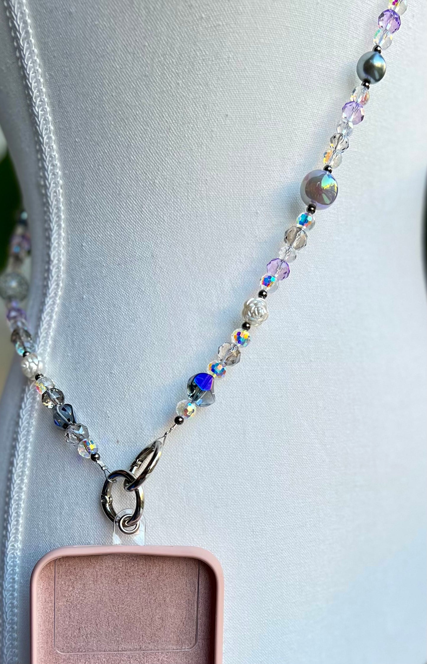Purple Crystal Crossbody with Heart Charms - Handmade Beaded Phone Strap –
