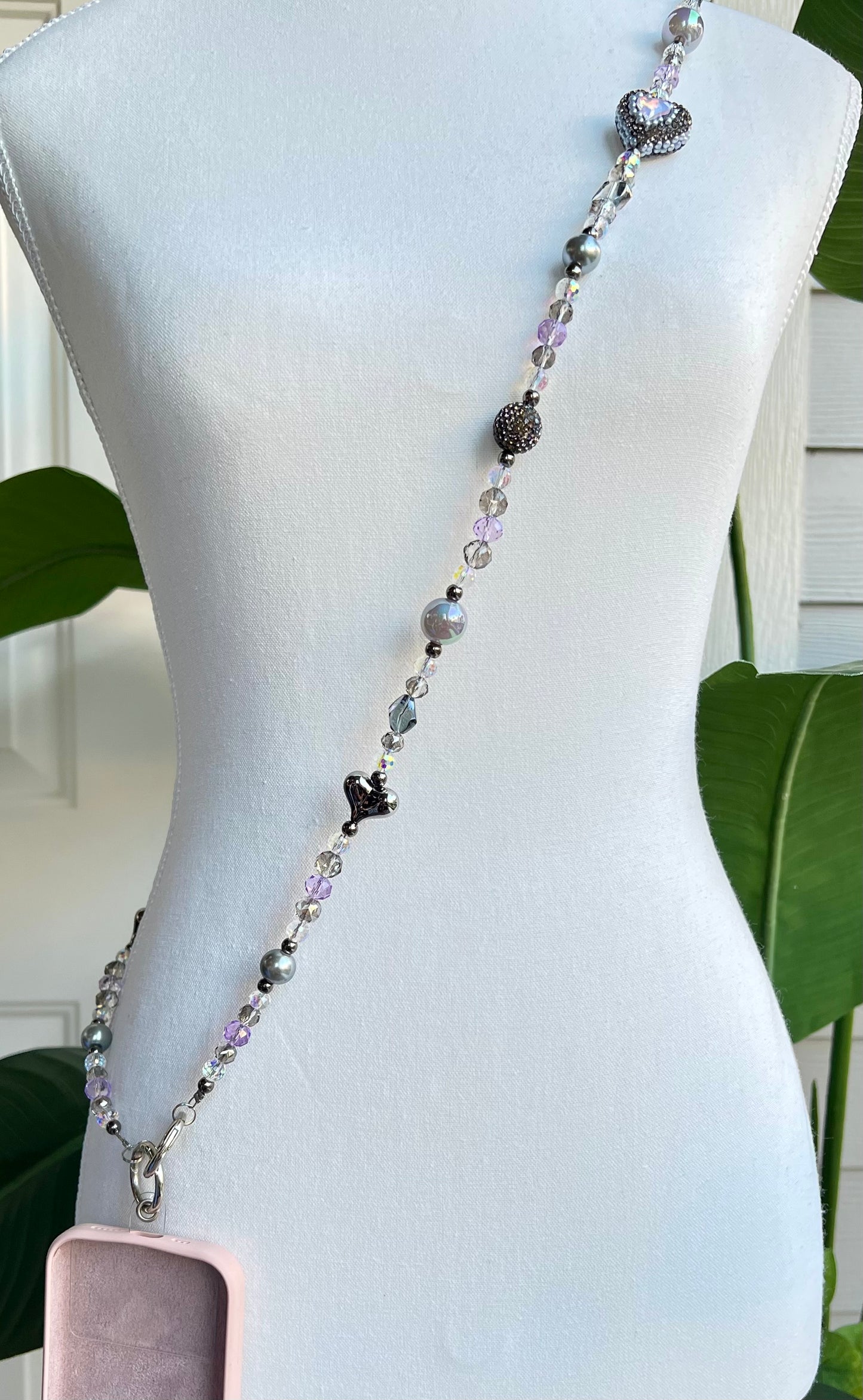 Purple Crystal Crossbody with Heart Charms - Handmade Beaded Phone Strap –