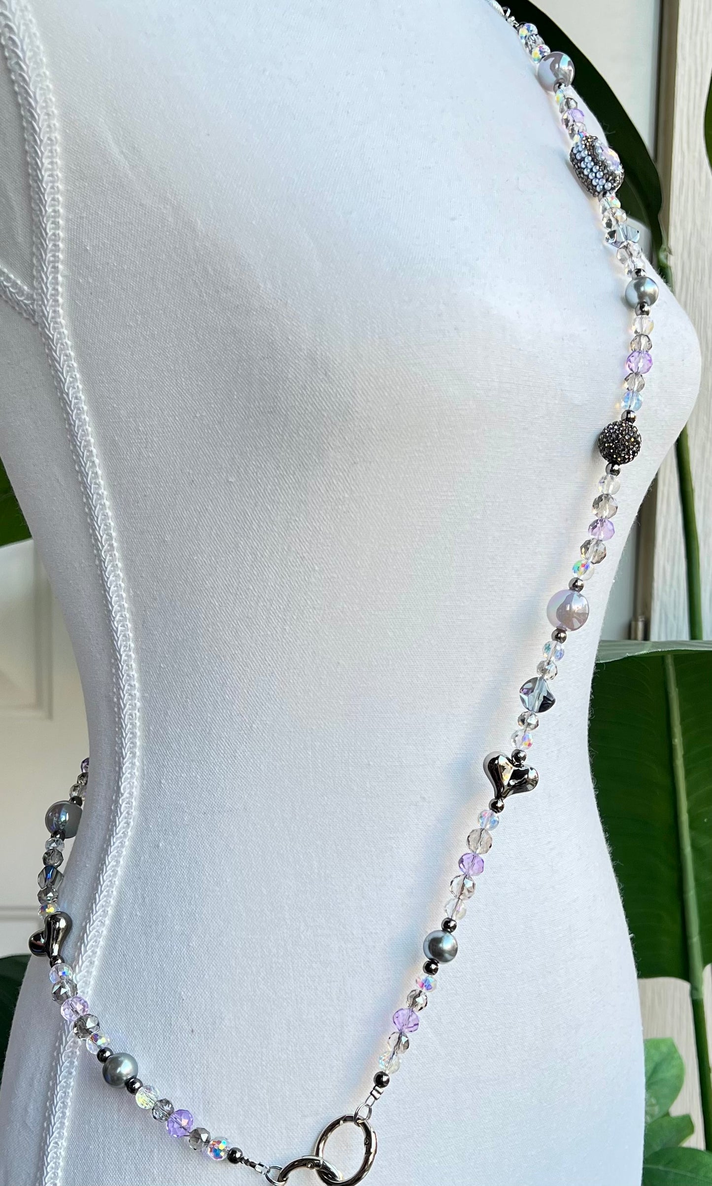 Purple Crystal Crossbody with Heart Charms - Handmade Beaded Phone Strap –