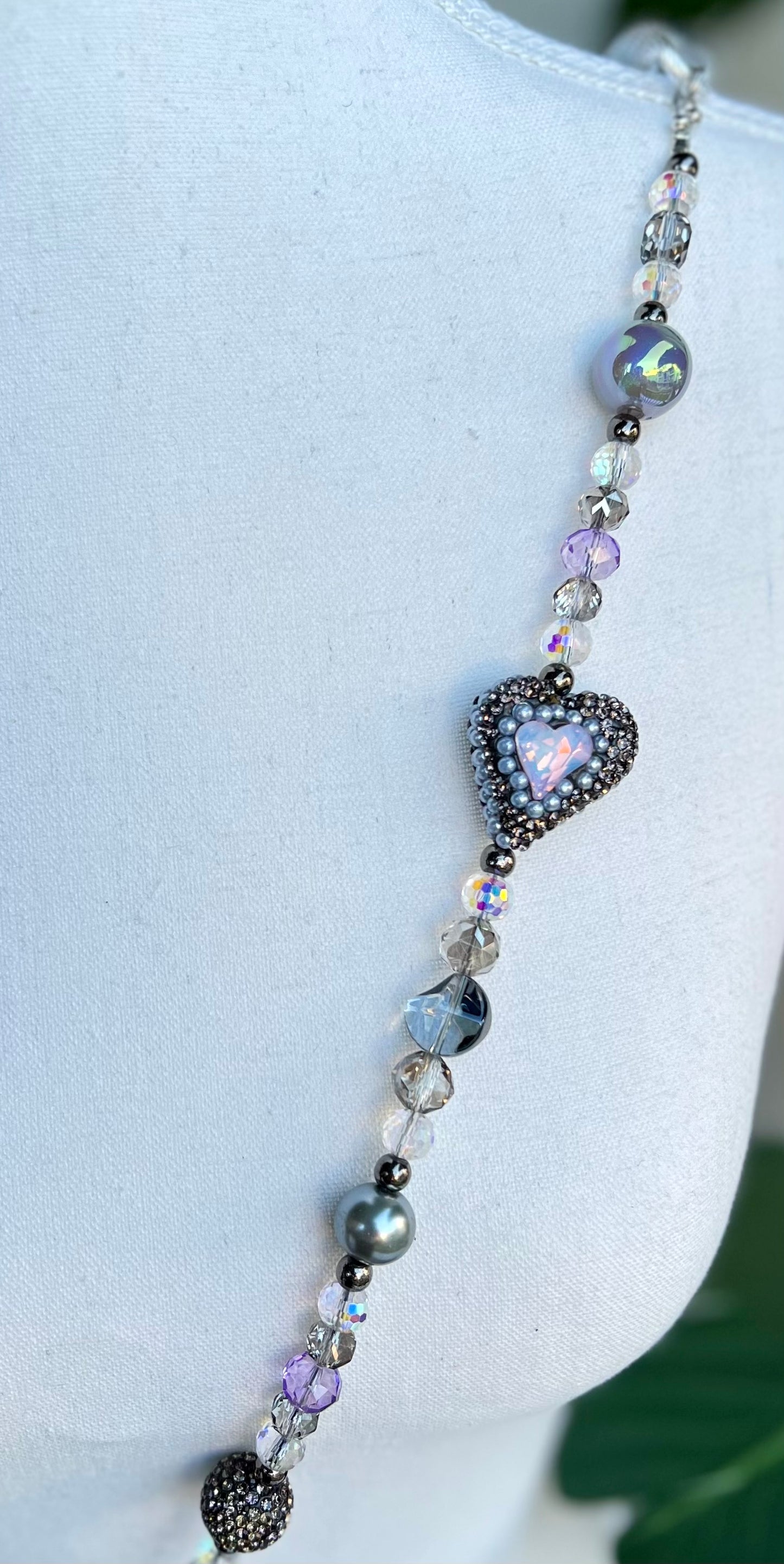 Purple Crystal Crossbody with Heart Charms - Handmade Beaded Phone Strap –