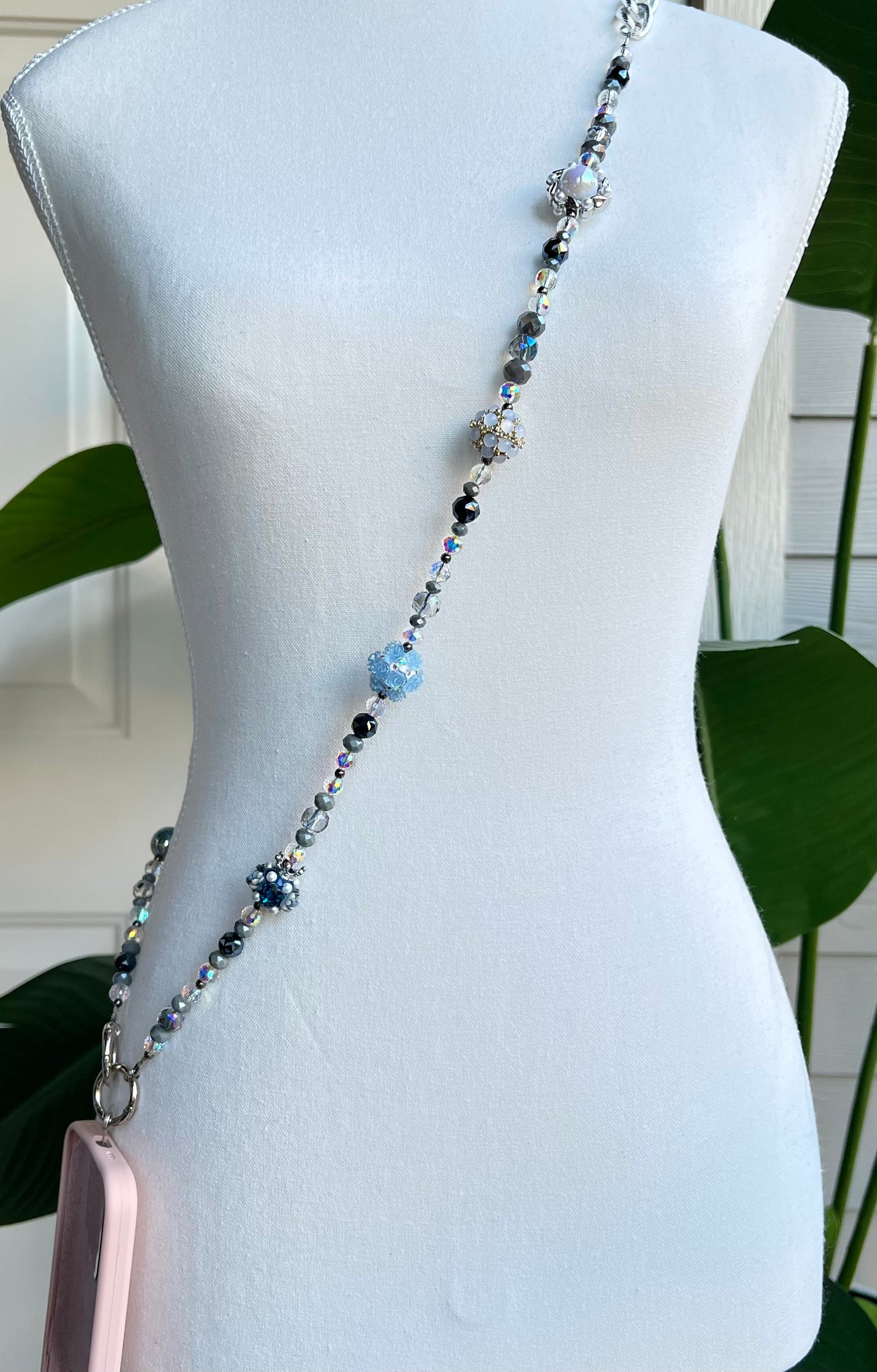 Blue & Silver Beaded Phone Charm Strap Handmade Luxury Tech Accessory