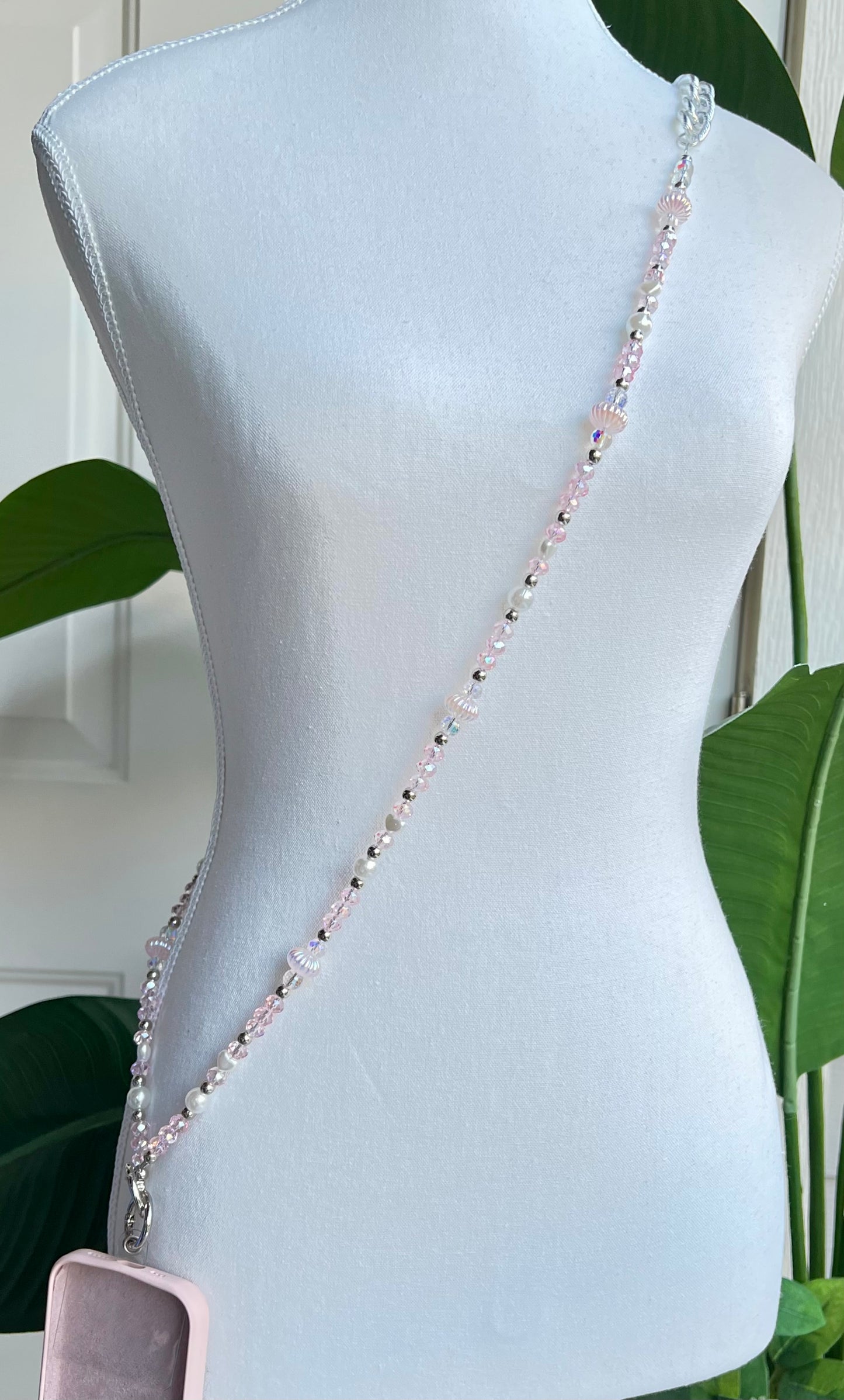 Pink Crystal & Pearl Beaded Phone Strap Soft Glam Charm Accessory Handmade