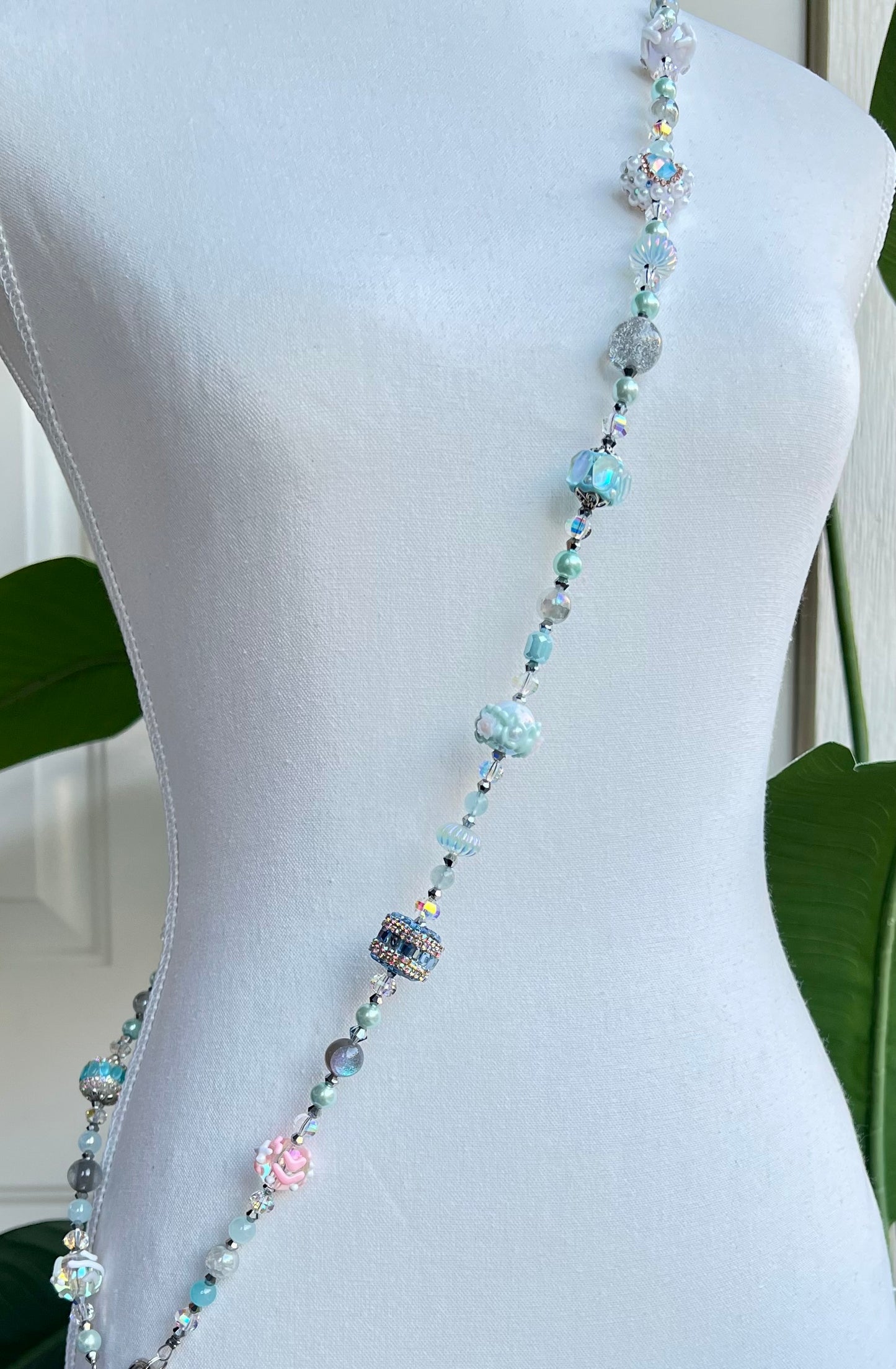 Ice Blue & Pastel Beaded Phone Strap –  Handmade Iridescent Charm Accessory