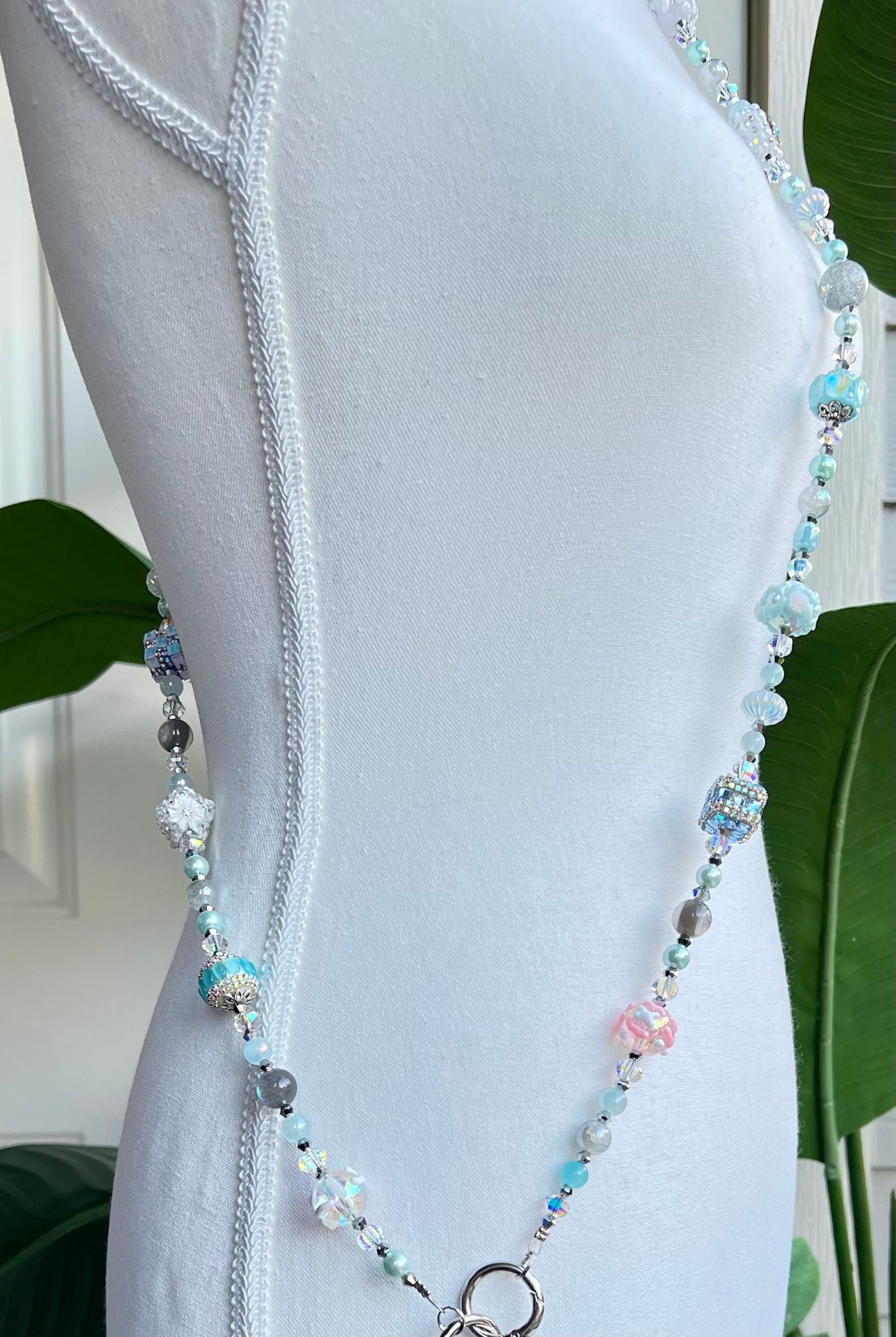 Ice Blue & Pastel Beaded Phone Strap –  Handmade Iridescent Charm Accessory
