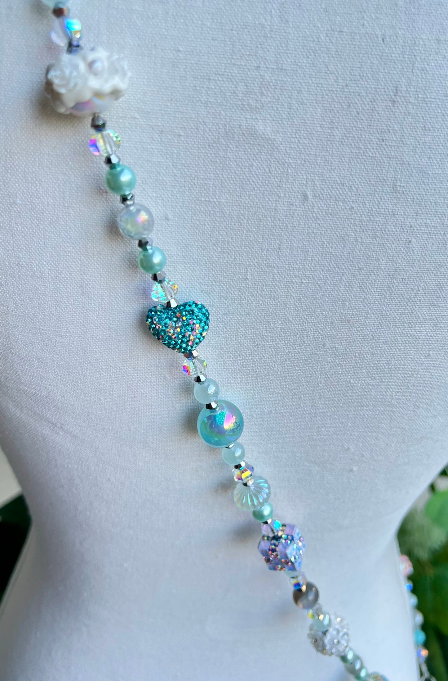 Ice Blue & Pastel Beaded Phone Strap –  Handmade Iridescent Charm Accessory
