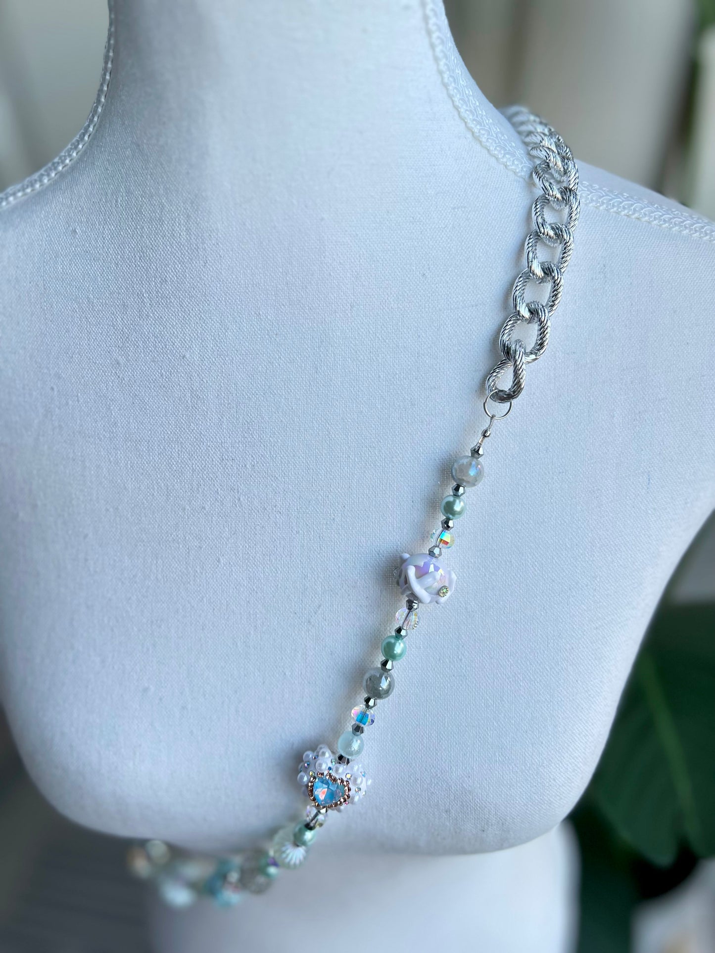 Ice Blue & Pastel Beaded Phone Strap –  Handmade Iridescent Charm Accessory