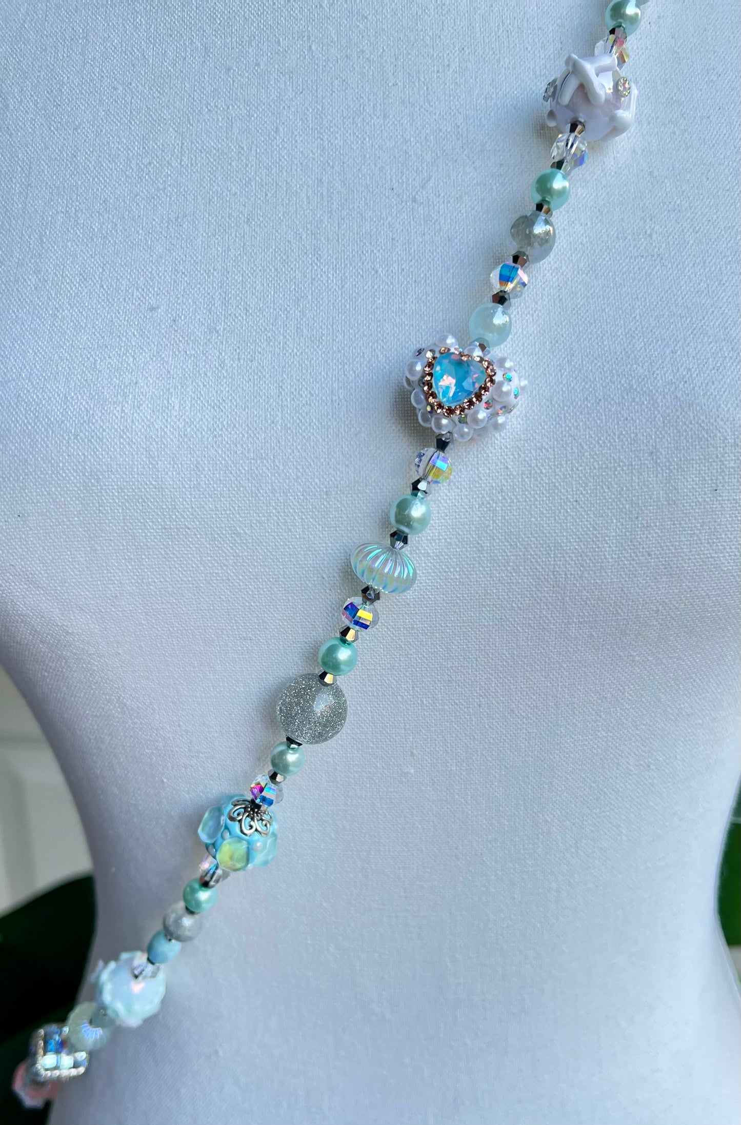 Ice Blue & Pastel Beaded Phone Strap –  Handmade Iridescent Charm Accessory