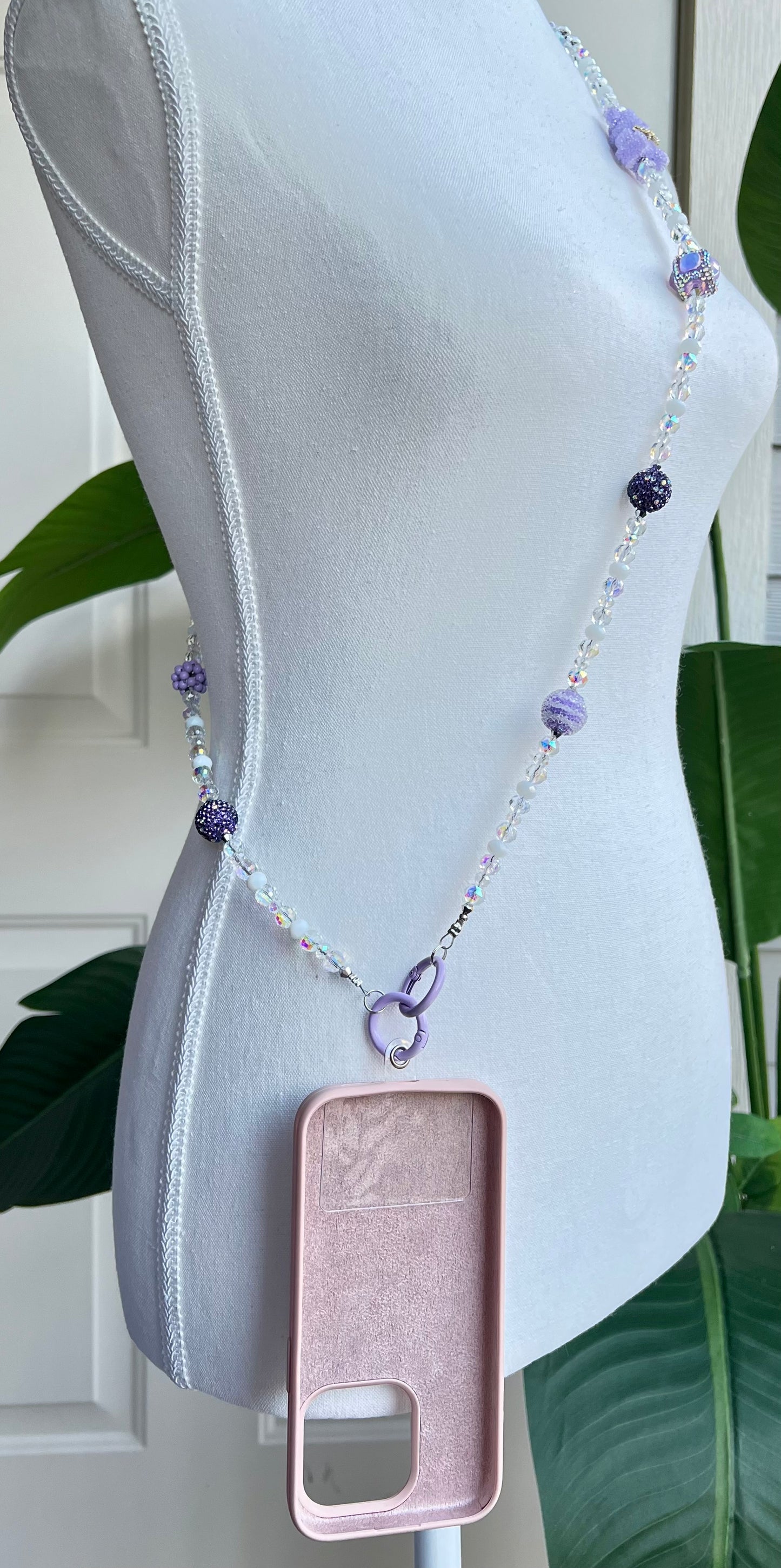 Purple & Iridescent Bear Beaded Phone Strap - Handmade