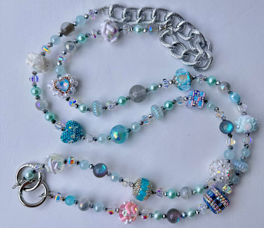 Ice Blue & Pastel Beaded Phone Strap –  Handmade Iridescent Charm Accessory