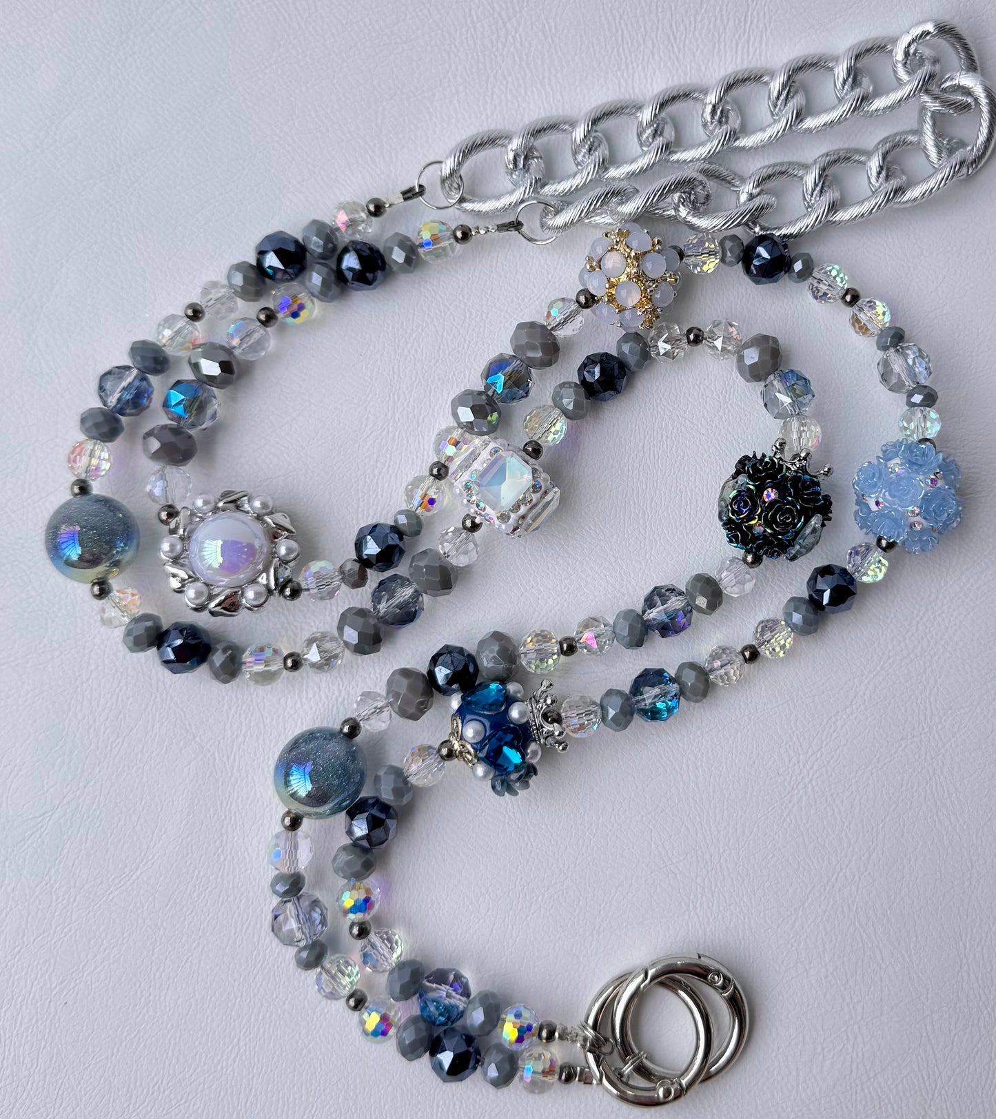 Blue & Silver Beaded Phone Charm Strap Handmade Luxury Tech Accessory