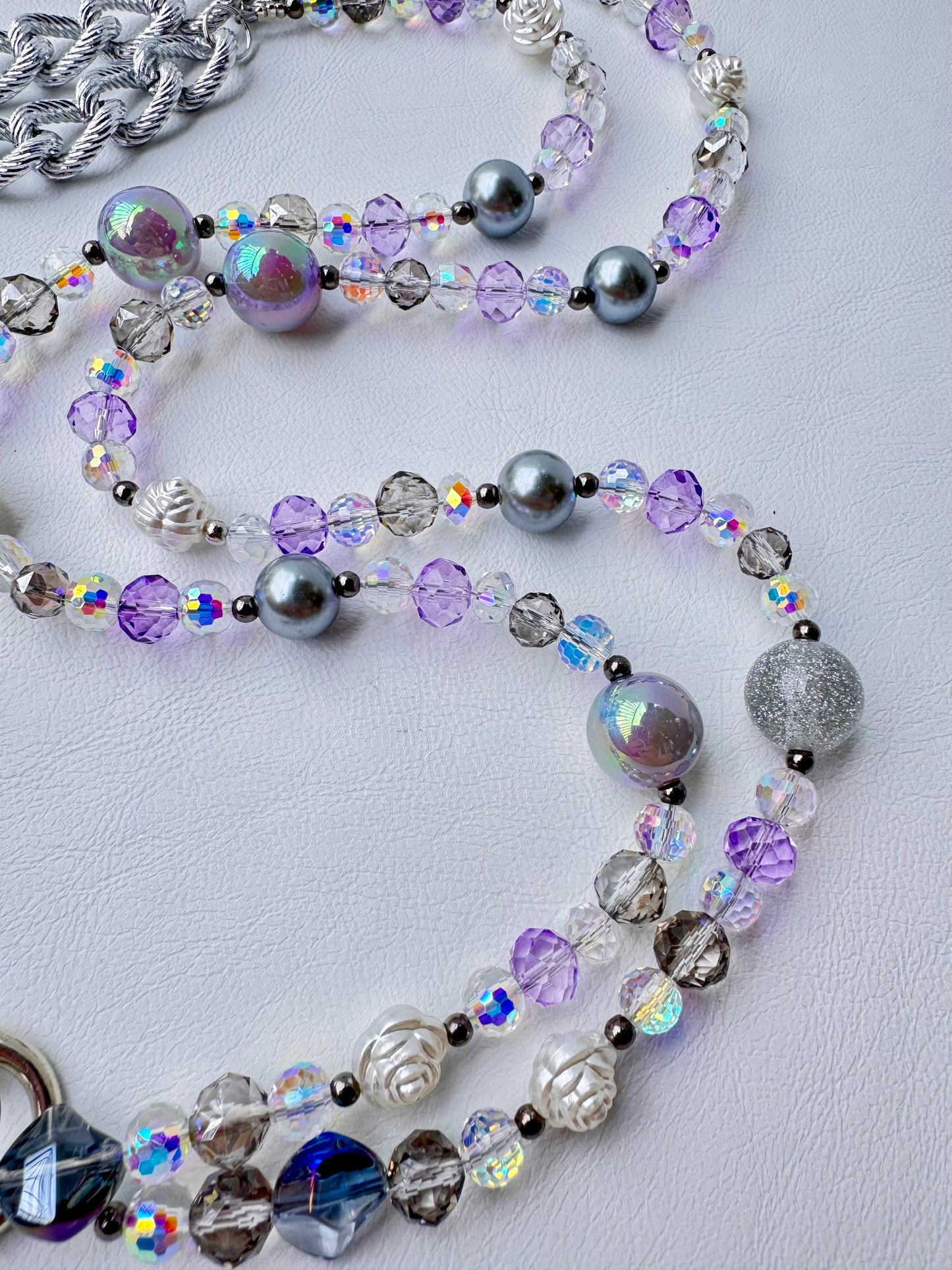 Lavender Beaded Phone Lanyard – Handmade Crossbody with Silver Crystal & Rose Details