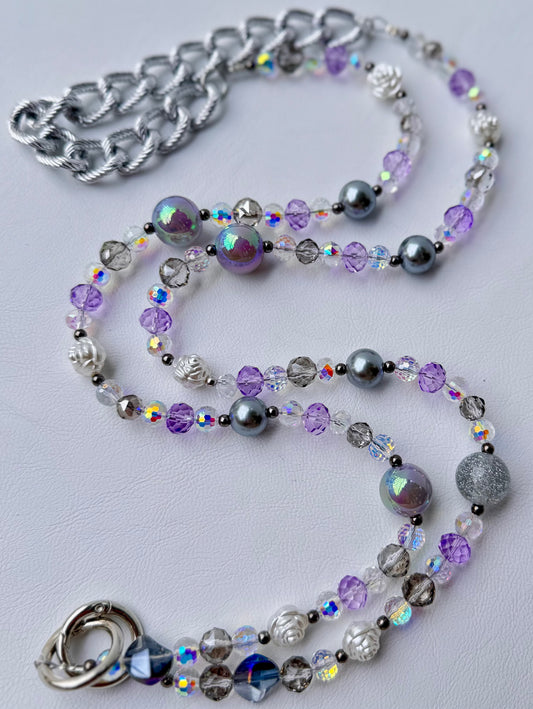 Lavender Beaded Phone Lanyard – Handmade Crossbody with Silver Crystal & Rose Details