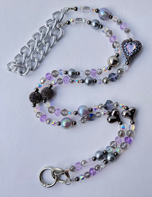 Purple Crystal Crossbody with Heart Charms - Handmade Beaded Phone Strap –