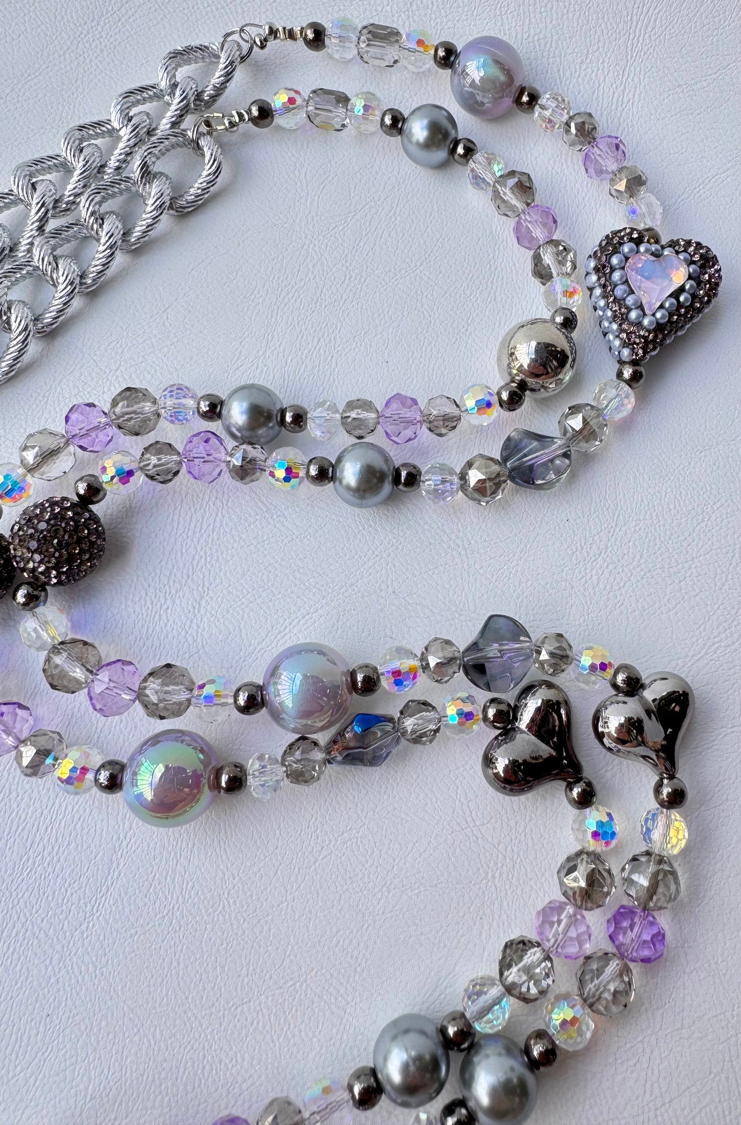 Purple Crystal Crossbody with Heart Charms - Handmade Beaded Phone Strap –