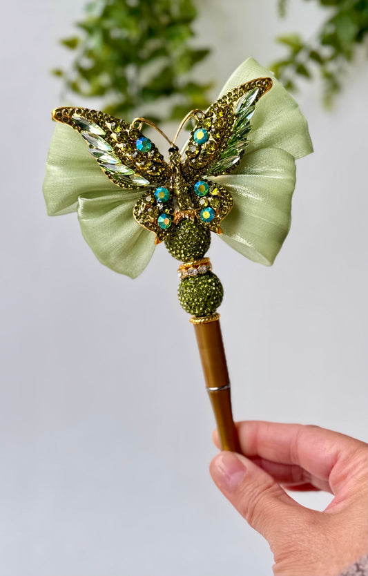 Green Butterfly Bow Rhinestone Pen – Nature-Inspired Crystal Bling Pen for Elegant Writing