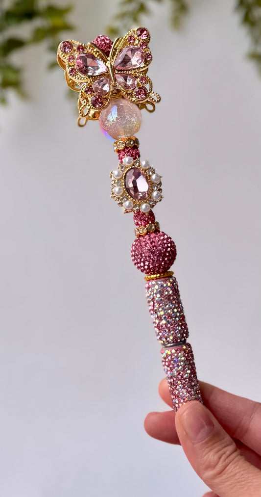 Pink Butterfly Crystal Rhinestone Pen – Elegant Bling Pen with Gold Accents for Gifts & Journaling