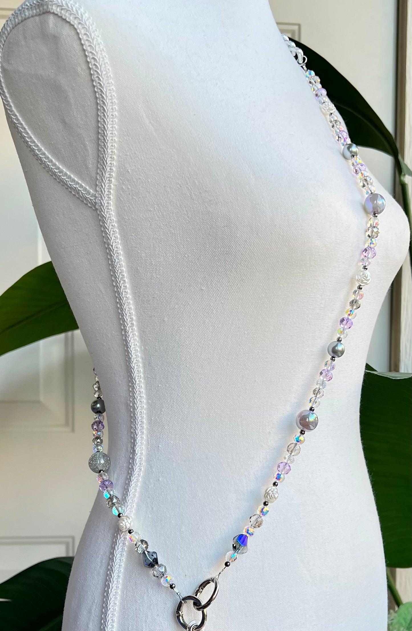 Lavender Beaded Phone Lanyard – Handmade Crossbody with Silver Crystal & Rose Details