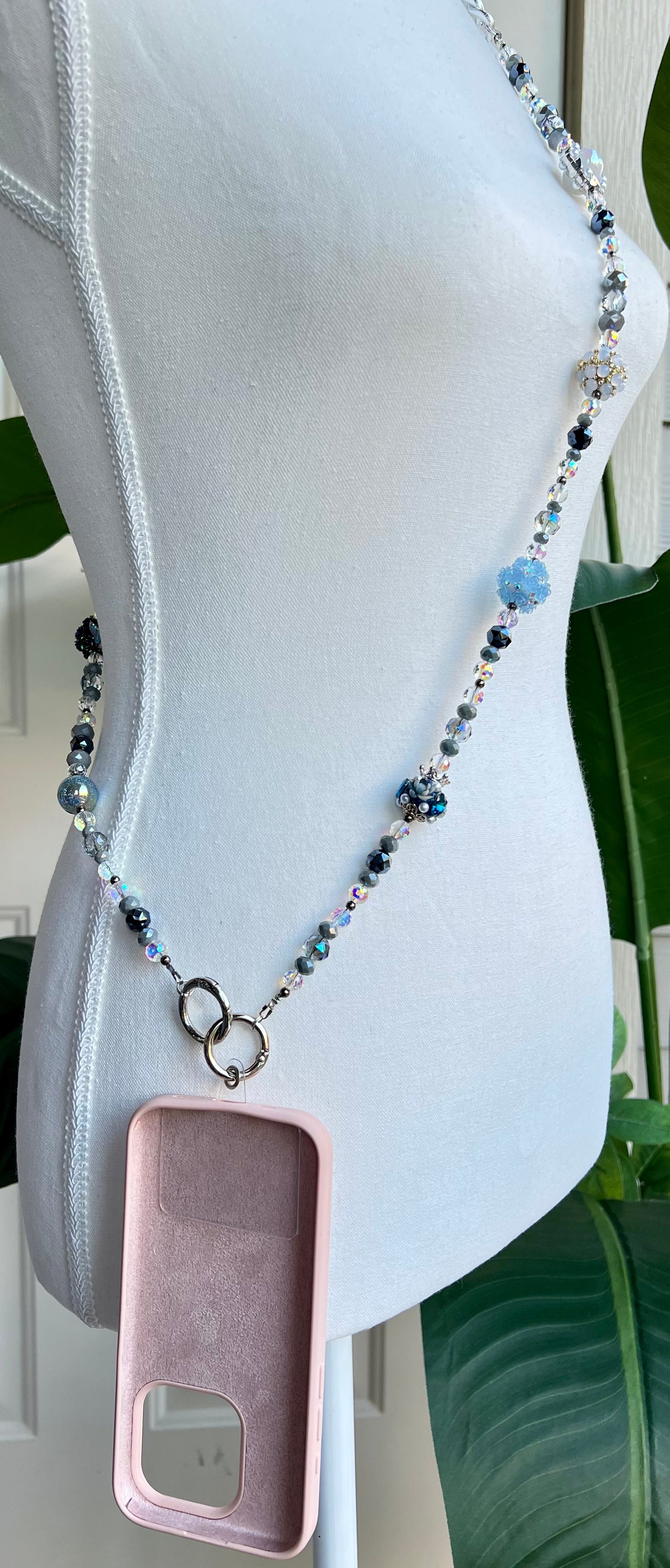 Blue & Silver Beaded Phone Charm Strap Handmade Luxury Tech Accessory