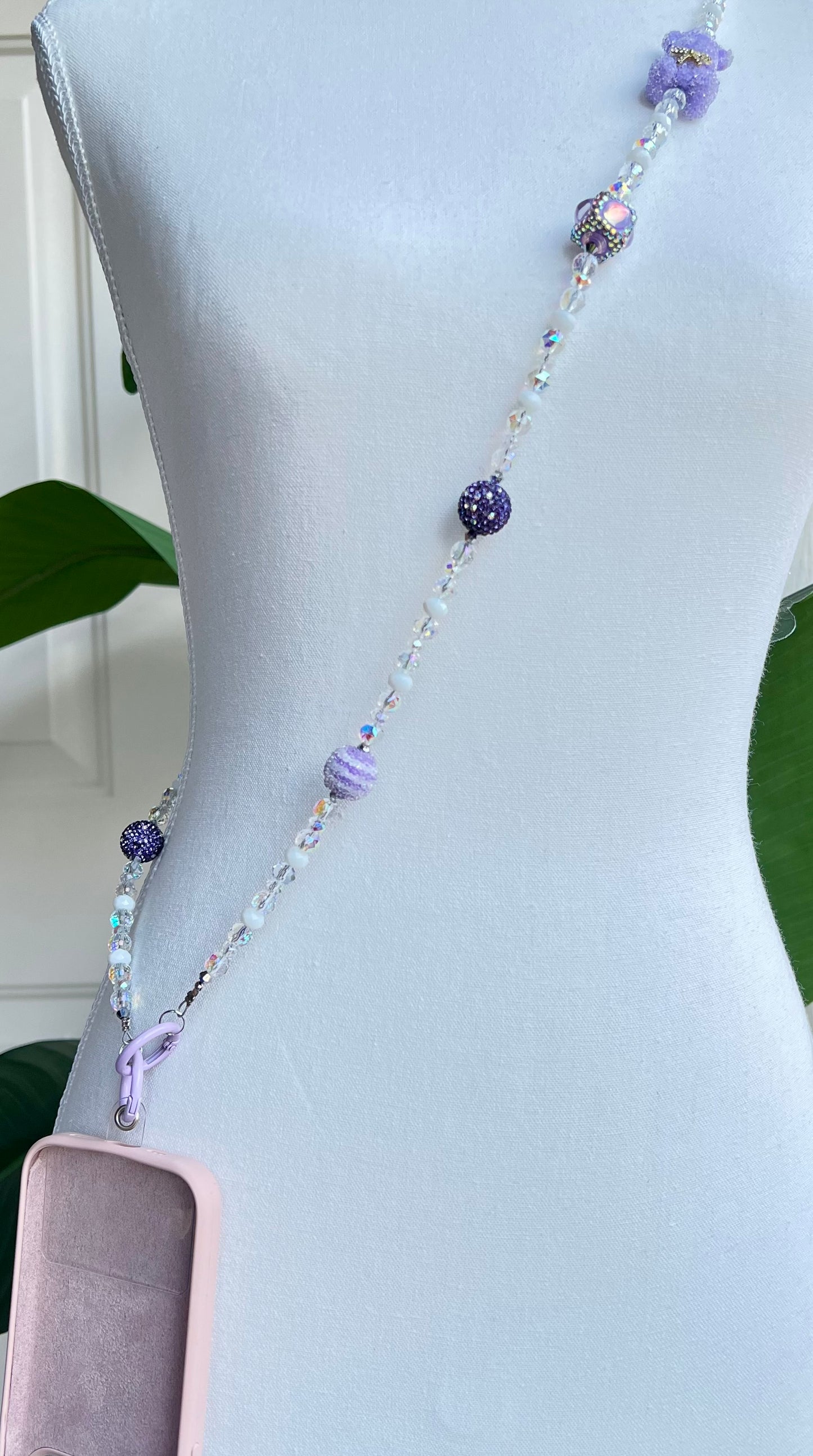 Purple & Iridescent Bear Beaded Phone Strap - Handmade