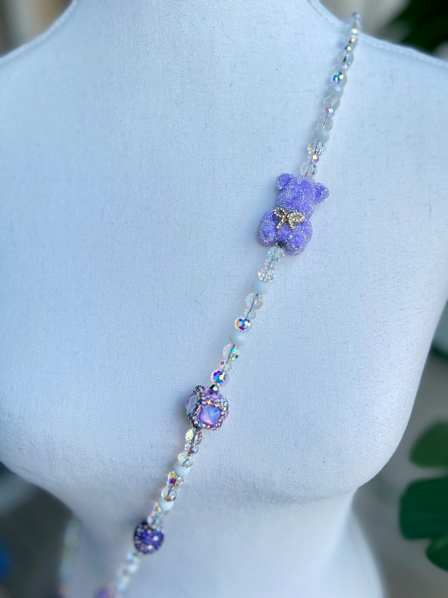 Purple & Iridescent Bear Beaded Phone Strap - Handmade