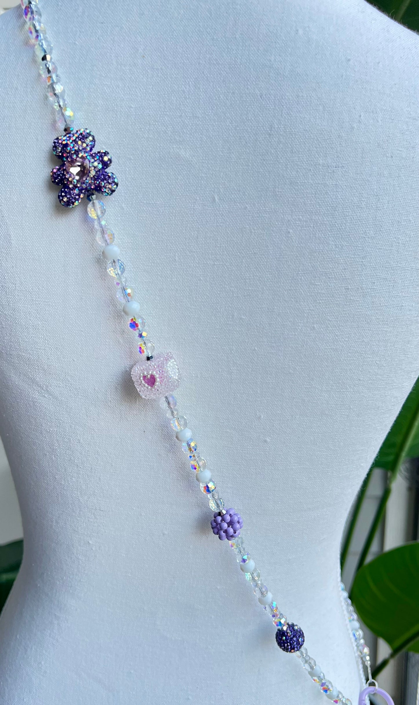 Purple & Iridescent Bear Beaded Phone Strap - Handmade