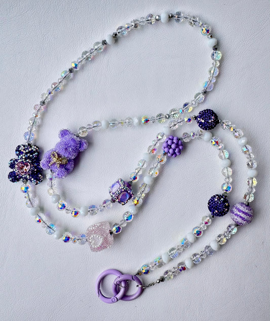 Purple & Iridescent Bear Beaded Phone Strap - Handmade