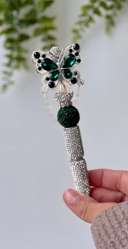 Emerald Green Butterfly Rhinestone Pen – Luxury Silver & Green Crystal Bling Pen for Collectors